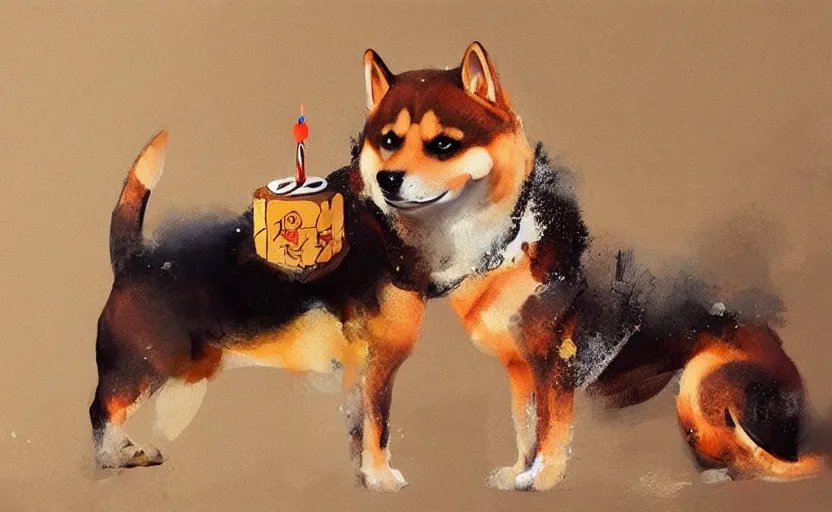 Image similar to a painting of a shiba and a birthday cake trending on artstation in the style of greg rutkowski