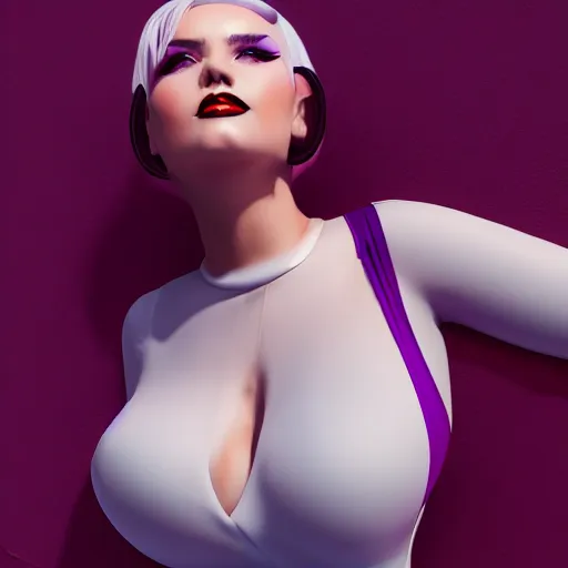 Image similar to curvy feminine goth young woman with dignified tight nylon dress, white hair, red lipstick, purple makeup, relaxed posture, photorealistic, cgsociety, sublime, 16k, smooth, sharp focus, ArtStation, hyperdetailed, volumetric lighting