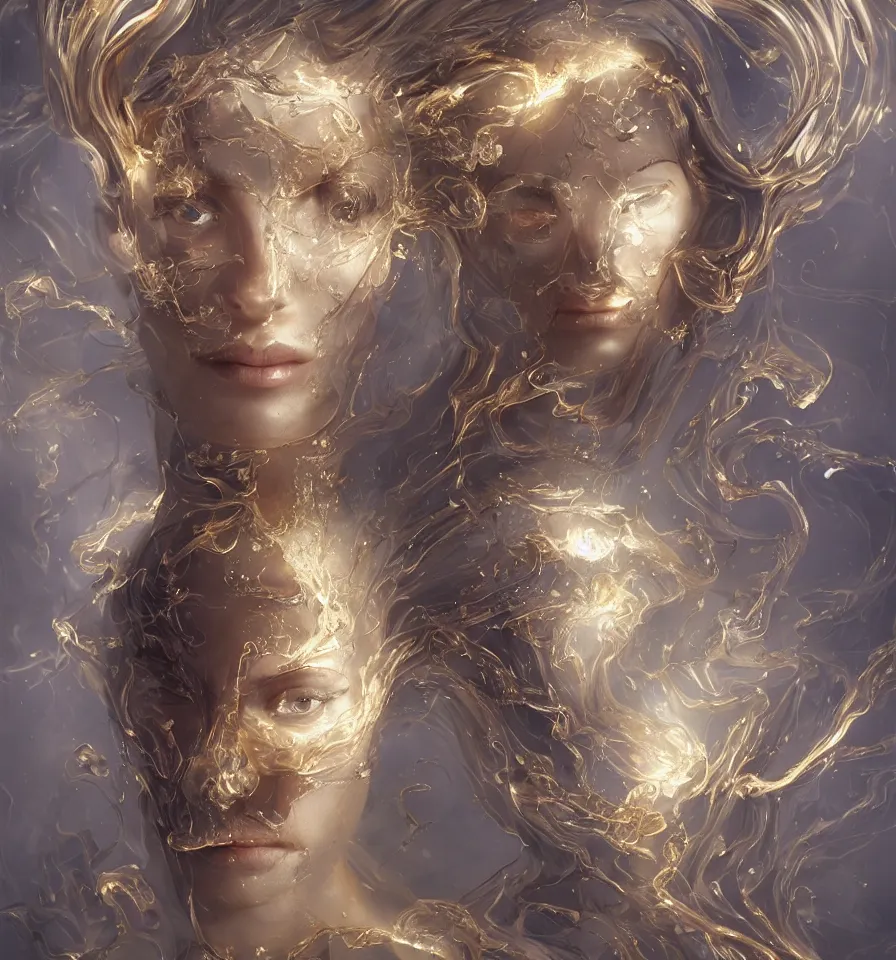Prompt: a frontal face portrait of transparent and beautiful elegant elemental entity made of marble and gold + Ultra realistic! 25mm f/1.7 ASPH Lens + dissolving in to light + backlit + incredible lighting+ strong rim light + highly detailed + god rays + digital painting + HDRI, by Alvaro Castagnet, Peter Mohrbacher and Dan Mumford, vivid colors, high contrast, 8k resolution, intricate, photorealistic, smooth