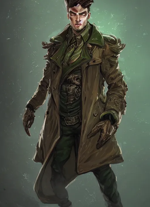 Image similar to a highly detailed illustration of thick wavy brown haired young white guy wearing brown detective trench coat and wearing dark green mask, with many long mechanical arms on his back, dramatic standing pose, intricate, elegant, highly detailed, centered, digital painting, artstation, concept art, smooth, sharp focus, league of legends concept art, WLOP