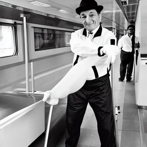 Prompt: mario draghi dressed as a janitor cleaning a train toilet, realistic black and white full - length photo