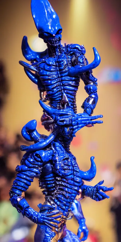 Image similar to blue demon with xenomorph intricated jewelry figure plastic in a runway fashion show, realistic photography paparazzi