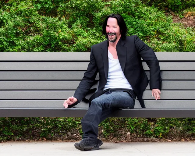 Image similar to photo of happy keanu reeves sitting on a bench in a park. lifelike. ultra detailed. intricate. soft light. nikon d 8 5 0.