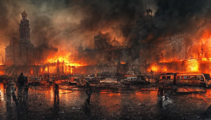 Image similar to A detailed render of a post apocalyptic scene of Fire and explosions on Red Square and the Kremlin, burned down rusty Moscow buses in flood water, sci-fi concept art, nuclear mushroom, lots of fire, panic, dark, clouds, 8k, high detail, advanced rendering whimsically designed art, 4k post-processing highly detailed, Soft illumination