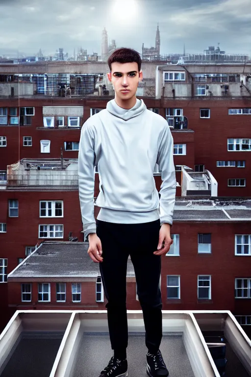 Image similar to un ultra high definition studio quality photographic art portrait of a young man standing on the rooftop of a british apartment building wearing soft padded silver pearlescent clothing. three point light. extremely detailed. golden ratio, ray tracing, volumetric light, shallow depth of field. set dressed.