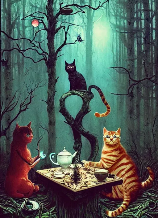 Image similar to cat having tea with a witch at a shrine in the woods gorgeous lighting, lush forest foliage blue sky a hyper realistic painting by chiara bautista and beksinski and norman rockwell and greg rutkowski weta studio, and lucasfilm