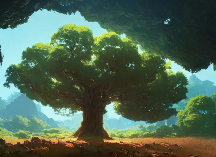 Image similar to concept art painting of a giant oak tree surrounded by forest and mountains, realistic, by makoto shinkai and moebius and anton fadeev and greg rutkowski and james gurney