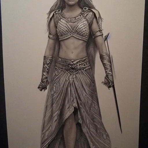 Image similar to arya stark as goddess ishtar wearing her ancient cloth, detailed pencil drawing by glenn vilppu