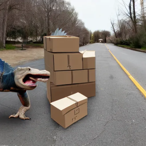 Image similar to Fisheve view of dinosaur stealing packages