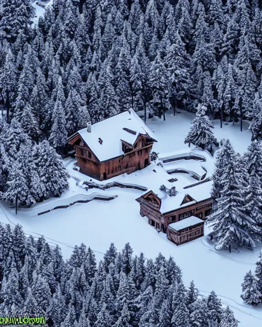 Image similar to hidden mansion in the alps with snow covered roof that was recently set on fire, zoomed out, shot from drone, iphone capture
