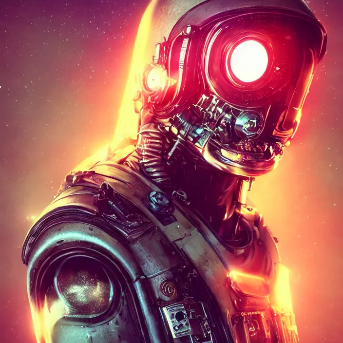 Image similar to portrait art of 8k ultra realistic retro futuristic astronaut helmet, lens flare, atmosphere, glow, detailed,intricate,blade runner, cybernetic, full of colour, cinematic lighting, trending on artstation, 4k, hyperrealistic, focused, extreme details,unreal engine 5, cinematic, masterpiece, art by ayami kojima, giger