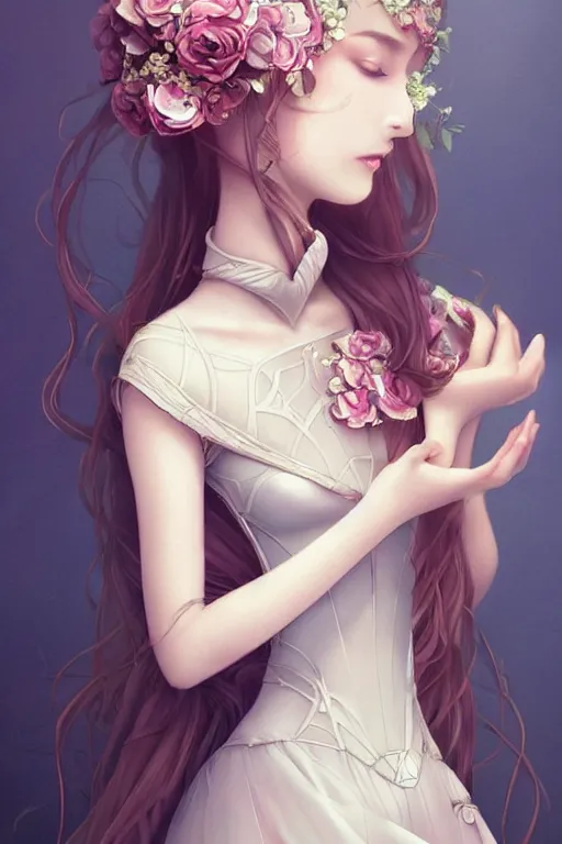 Image similar to romantic and fashion and love princess of the flower with sheath dress, 8 k realistic, teenager girl, baroque, symmetrical, flowing hair, smile, trending pinterest and pixiv, muted colors, hyperrealistic, l close up shot, character concept art, face by kyoung hwan kim, alexandra fomina, ilya kuvshinov