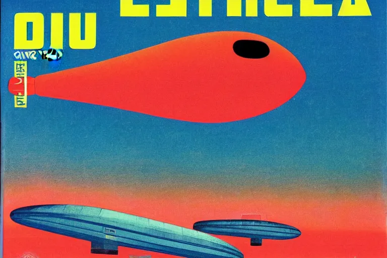 Image similar to 1 9 7 9 omni magazine cover of blimp with a floodlight searching over the water near tokyo. art in bladerunner 2 0 4 9 style by dali, and vincent di fate