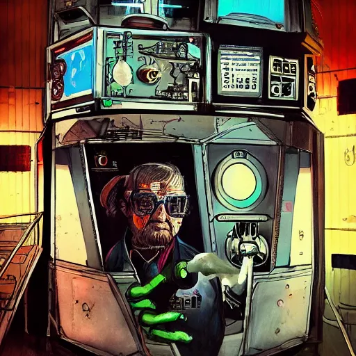 Prompt: old man in exosuit standing behind futuristic bar on space station, face tattoos, punk, grunge, rough, paint, scratchy, science fiction, cyberpunk, retrofuture, illustration