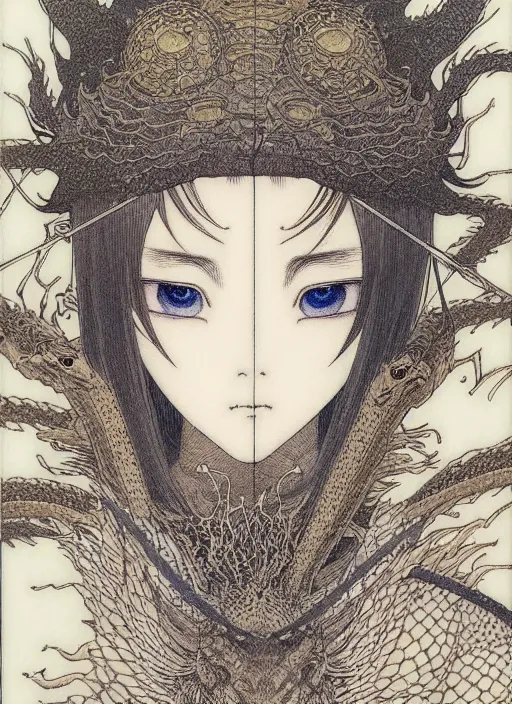 Image similar to prompt: Fragile looking vessel portrait soft light drawn by Takato Yamamoto, inspired by Fables, ancient dragon knight armor, magical and alchemical objects on the side, soft light, white background, intricate detail, intricate oil painting detail, sharp high detail, manga and anime 2000