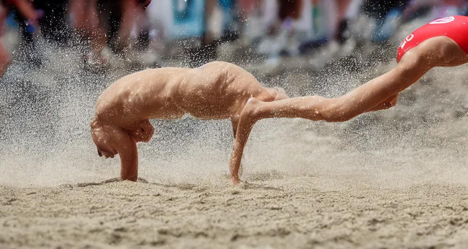 Image similar to olympic swimming in sand instead of water, extremely coherent, motion blur