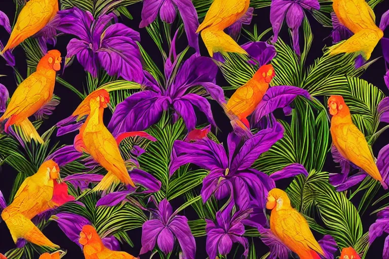 Image similar to photorealistic print of exotic, elegant tropical prints, isolated in a black background : : purple plants, golden flowers, red parrot, art nouveau, desaturate, trending on artstation