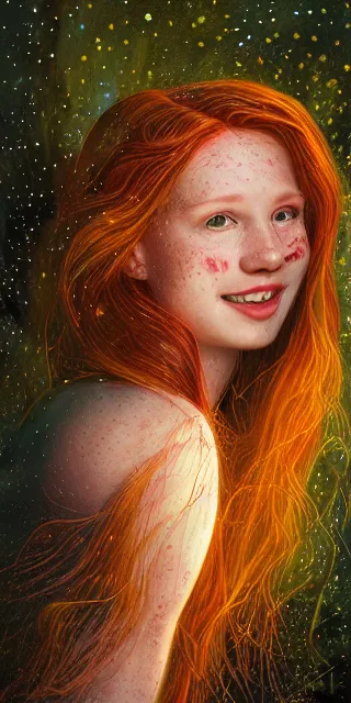 Prompt: infp young woman, smiling amazed, golden fireflies lights, sitting in the midst of nature fully covered, long loose red hair, intricate linework, green eyes, small nose with freckles, oval shape face, realistic, expressive emotions, dramatic lights spiritual scene, hyper realistic ultrafine art by michael cheval, jessica rossier, boris vallejo