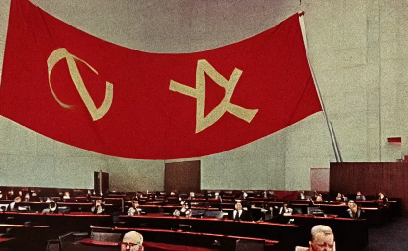 Prompt: 60s movie still of a giant stalinist style sovietic parlement with a giant USSR flag, by Irving Penn , cinestill 800t 35mm eastmancolor, heavy grainy picture, very detailed, high quality, 4k, HD criterion, precise texture, panoramic, cinematic