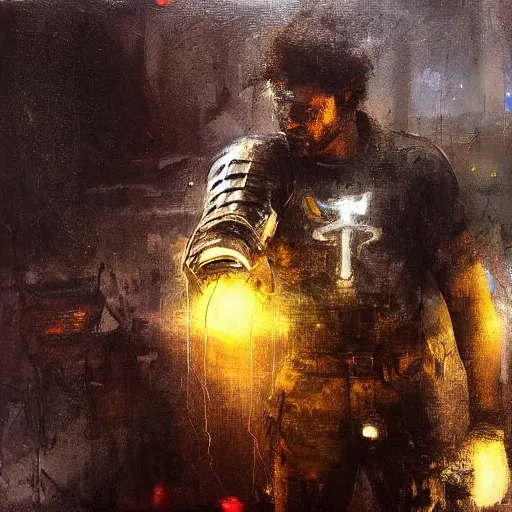 Image similar to knight holds lightning in his hand sparks everywhere, realistic, ultrahd, jeremy mann painting