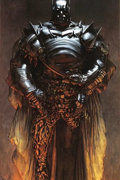 Prompt: full length portrait of massive hulking dorian yates as dark evil mutant batman wearing cape and armour with glowing red eyes by lawrence alma tadema awrence alma tadema, rick berry, norman rockwell, jason fabok. greg staples, nc wyeth