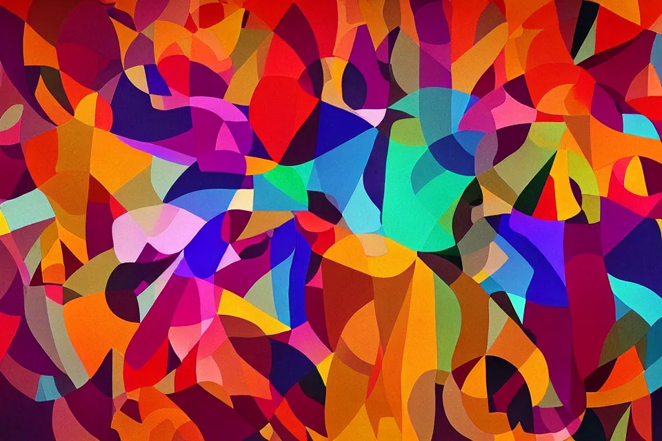 Image similar to a colorful, computer generated, abstract geometric intriguing render, abstract human figures dancing, autumnal colors