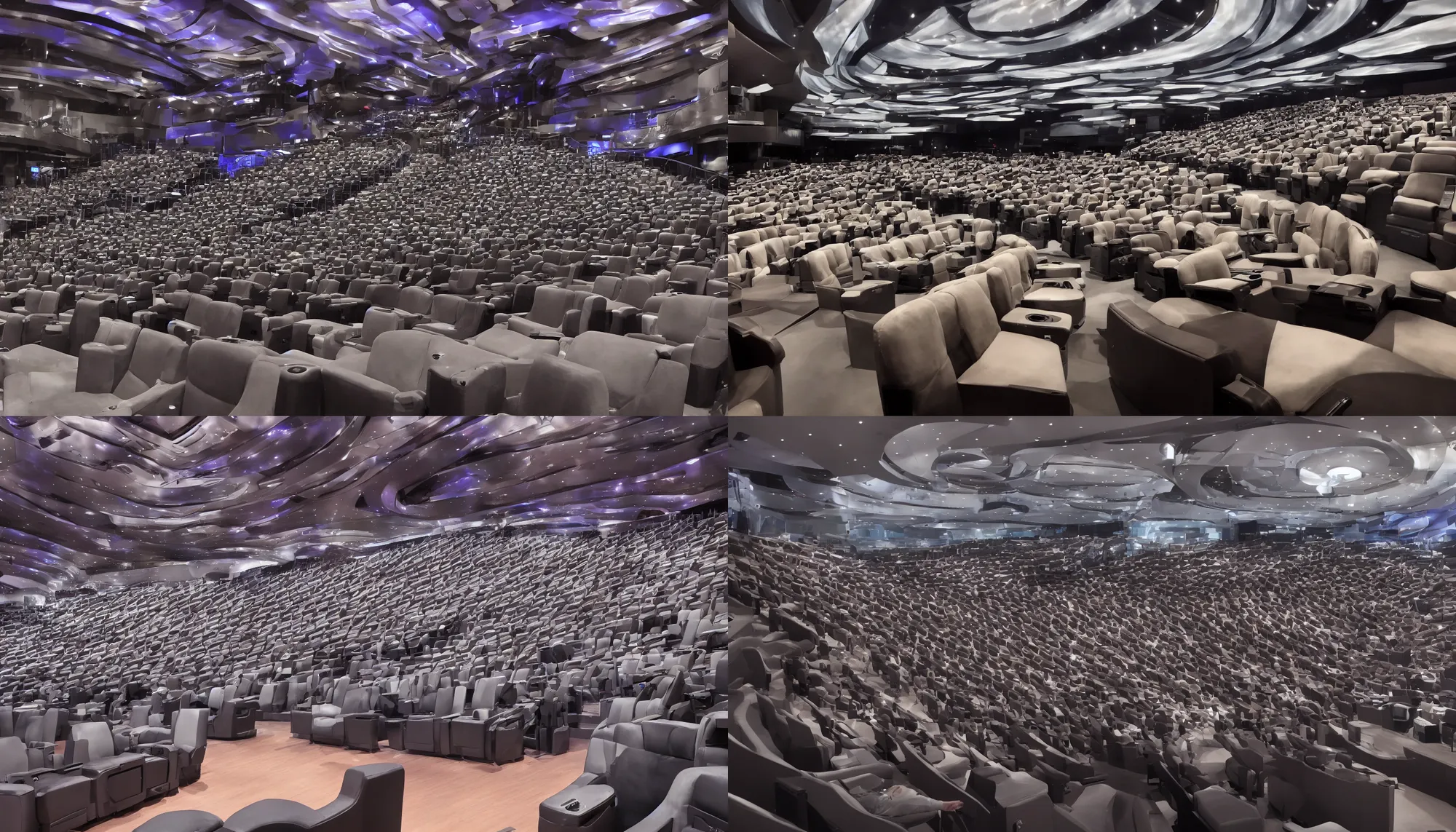 Prompt: Inside a futuristic theater with seats and screens