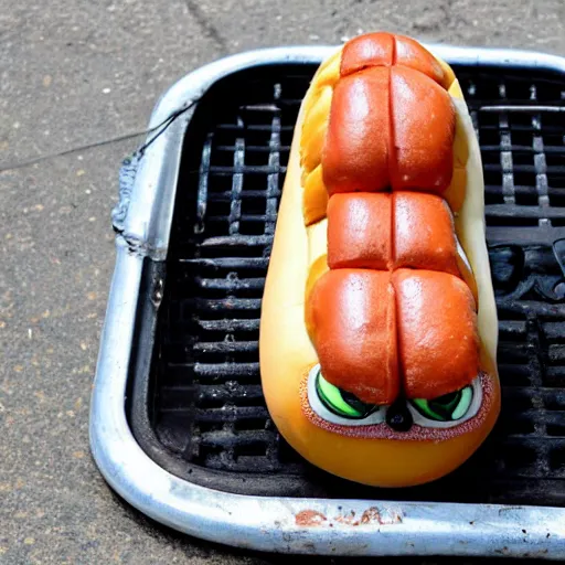 Image similar to pepe the frog in a hot dog bun on a grill.