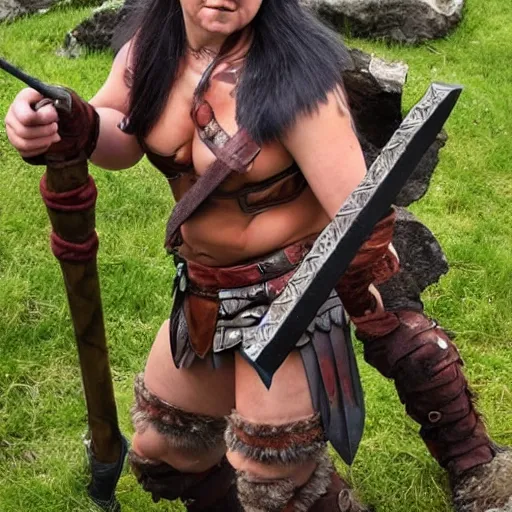 Prompt: full body photo of a female barbarian warrior