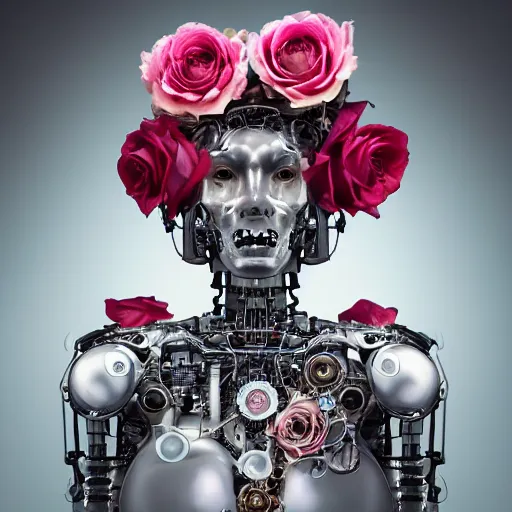 Image similar to a beautiful intricate fine art portrait photo of a a mechanical industrial steampunk cybernetic robot taking a milk bath surrounded by roses, by tom bagshaw and zach sutton, perfection!, milk bath photography, studio lighting, 35mm lens, very detailed, bionic, cybernetic scifi, deep depth of field, artstation, 8K, highly coherent