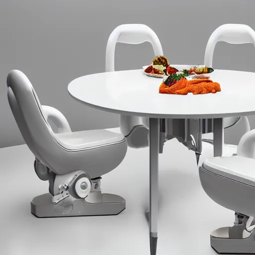 Prompt: three large white glossy kuka industrial robot arms on the floor around a dinner table full of food, the kuka industrial robot arms are wearing bow ties, they are having a dinner party inside a posh fine dining restaurant with retro modern furniture and decor, global illumination, artstation, fantasy, volumetric light