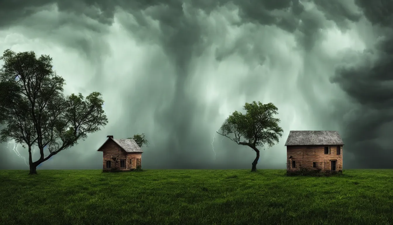 Prompt: lonely house in front lakeside, raining, storm, thunder, atmospheric, scary, claustrophobic, ambient vibe, very detailed, high resolution, 8 k