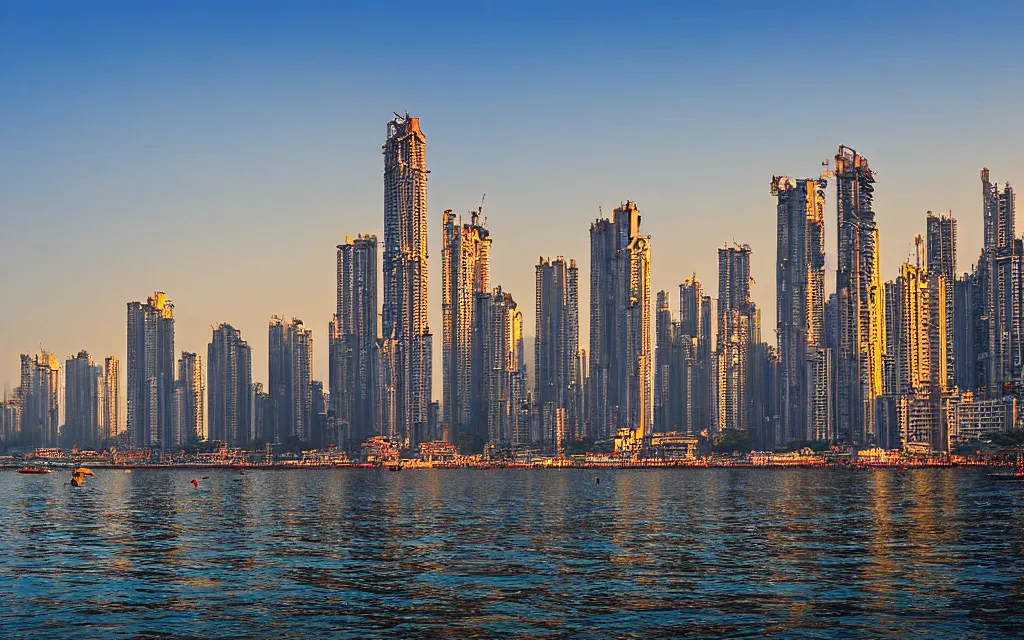 Prompt: mumbai, india in the year 2 0 7 0, street view, coastline, golden hour