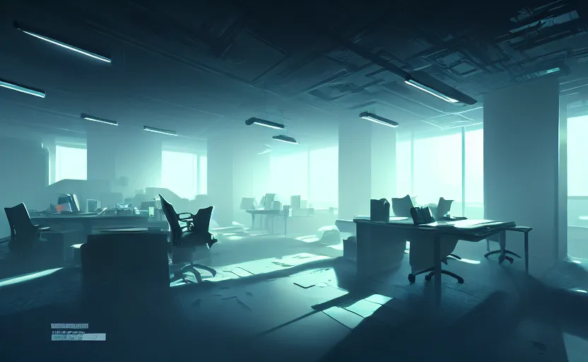 Image similar to office, horror scene, fluorescent lighting, beautiful volumetric-lighting-style atmosphere, futuristic atmosphere, intricate, detailed, photorealistic imagery, artstation