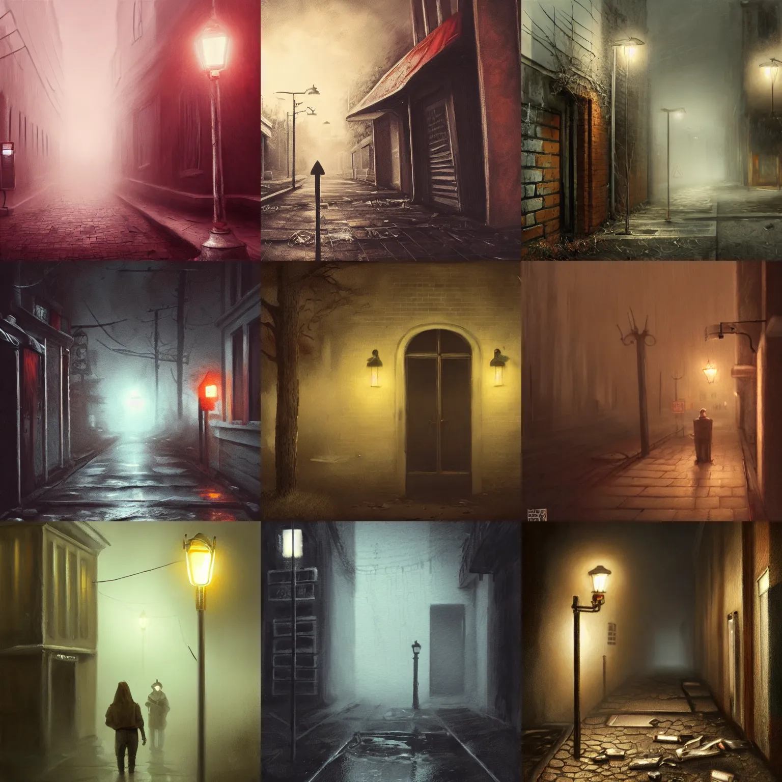 Prompt: serial killer hidden behind a street corner, creepy, horror, foggy, 2 point lights, oleo painting, highly detailed, 8 k, photorealistic, art concept, artstation, sharp focus