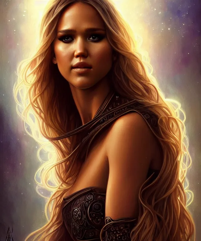 Image similar to half jessica Alba half Jennifer lawrence a fantasy magic woman portrait, sci-fi, amber eyes, face, long hair, fantasy, intricate, elegant, highly detailed, digital painting, artstation, concept art, smooth, sharp focus, illustration, art by artgerm and greg rutkowski and alphonse mucha