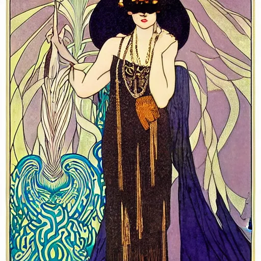 Prompt: flapper girl of the roaring 20s by Aubrey Beardsley, by Alphonse Mucha by Gustav Klimt, by Maxfield Parrish, by Gerda Wegener, by Théophile Steinlen, bold moody colors, flamboyant clothes, roaring twenties