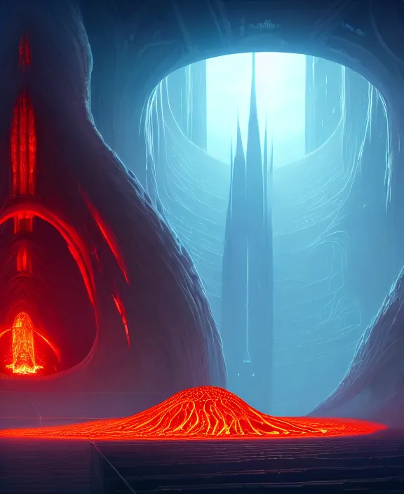 Image similar to simplicity, a cathedral made out of elegant biological forms, in the style of a spaceship, hell, fire, brimstone, lava, by dan mumford, yusuke murata, makoto shinkai, ross tran, cinematic, unreal engine, cel shaded, featured on artstation, pixiv