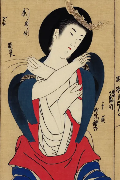 Image similar to Angel with a crown of light, in the style of Utamaro