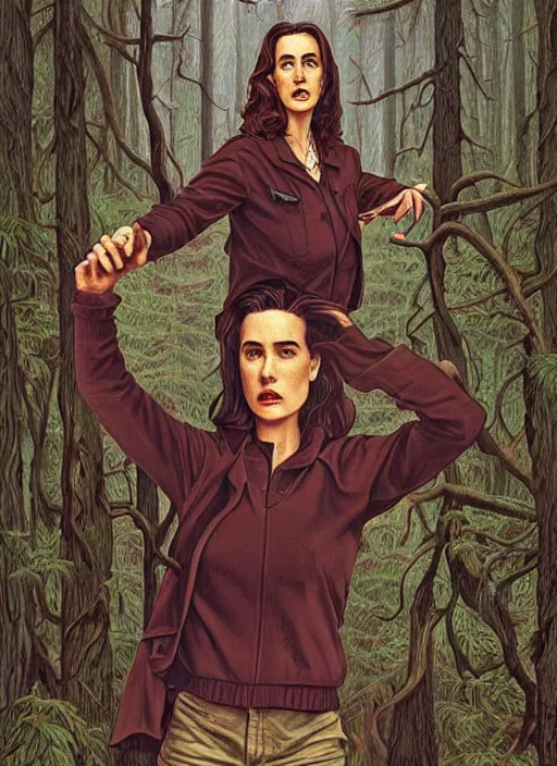 Image similar to portrait of jennifer connelly in woods looking for her friends, twin peaks poster art, from scene from twin peaks, by michael whelan, artgerm, retro, nostalgic, old fashioned