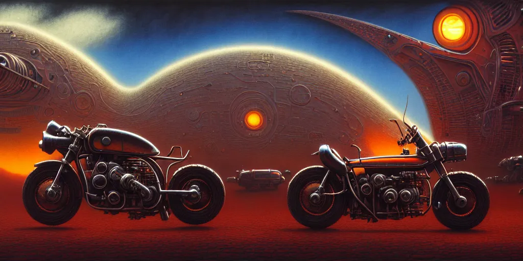 Prompt: cinematic view of a retro scifi motorcycle, desaturated, psychedelic, tim hildebrandt, wayne barlowe, bruce pennington, donato giancola, larry elmore, oil on canvas, masterpiece, trending on artstation, featured on pixiv, cinematic composition, dramatic, beautiful lighting, sharp, details, hyper - detailed, hd, hdr, 4 k, 8 k