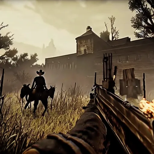 Image similar to hunt showdown western weapons burning city cinematic highly detailled