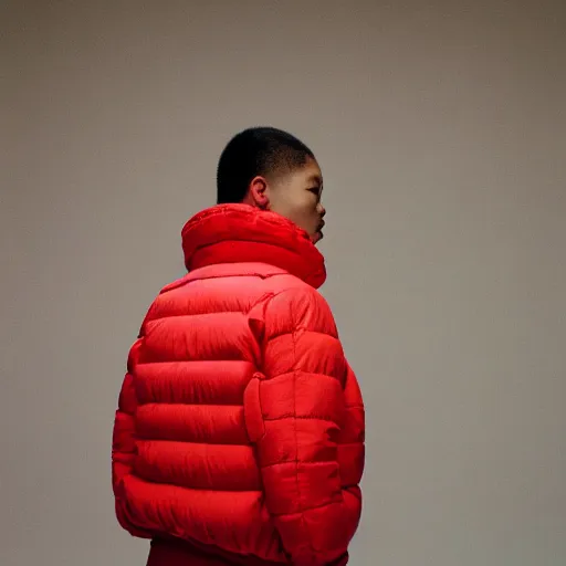 Image similar to realistic photoshooting for a new balenciaga lookbook, color film photography, portrait of a blonde asian woman, model wearing a puffer jacket, photo in style of tyler mitchell, 3 5 mm,