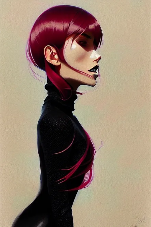 Image similar to a ultradetailed painting of a stylish woman wearing a black turtleneck by conrad roset, greg rutkowski and makoto shinkai trending on artstation