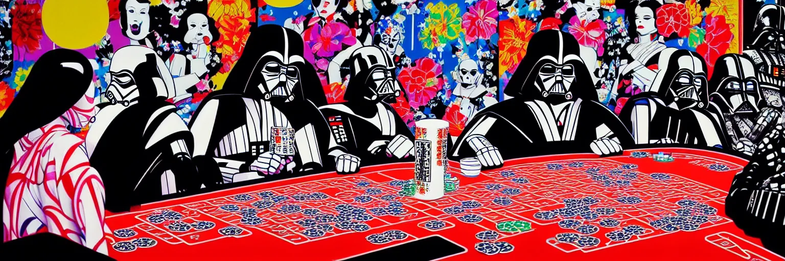 Image similar to hyperrealism composition of the detailed woman in a japanese kimono sitting at an extremely detailed poker table with darth vader and stormtrooper, ( ( r 2 d 2 ) ), ( ( c 3 po ) ), fireworks on the background, pop - art style, jacky tsai style, andy warhol style, acrylic on canvas