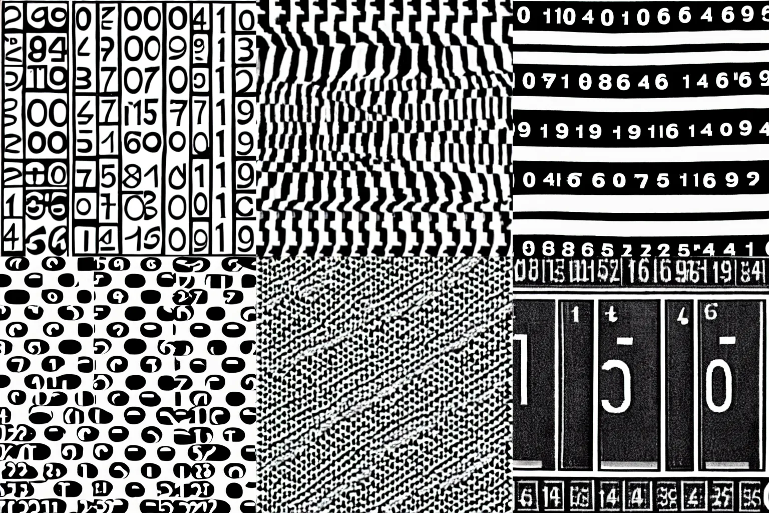 Prompt: a black and white image of the numbers 10101 repeating