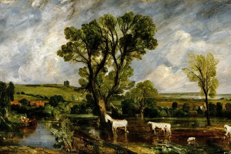 Prompt: ‘ a painting of a pastoral country landscape with a river by john constable ’