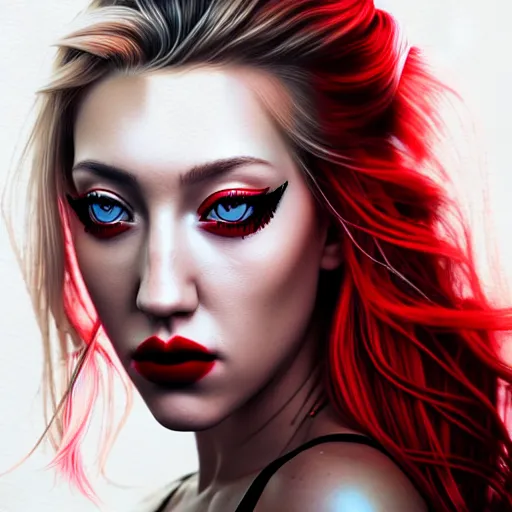 Image similar to a realistic illustration portrait of a beautiful kendra sunderland with curly black and red hair, black eyeliner, trending on artstation, hyper - realistic lighting, intricate, ross tran