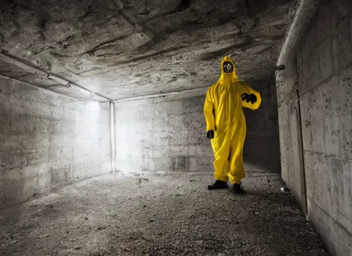 Prompt: a man in a yellow hazmat suit opens a portal to hell in an underground brutalist storeroom