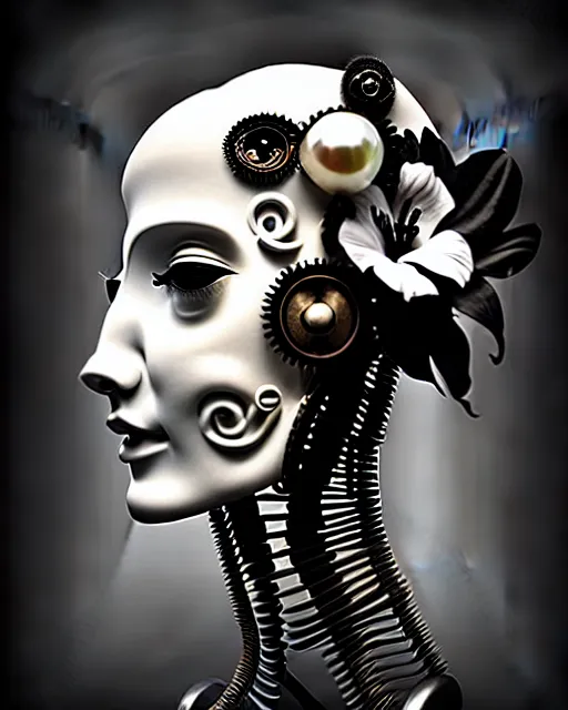 Image similar to black and white dreamy foggy profile face portrait, one steampunk eye biomechanical beautiful young female cyclope - cyborg - robot bust, body ribs meshes,, volumetric light, hibiscus flowers, by hg giger, rim light, by dora maar and cecile beaton, big gothic fashion pearl embroidered collar, 8 k